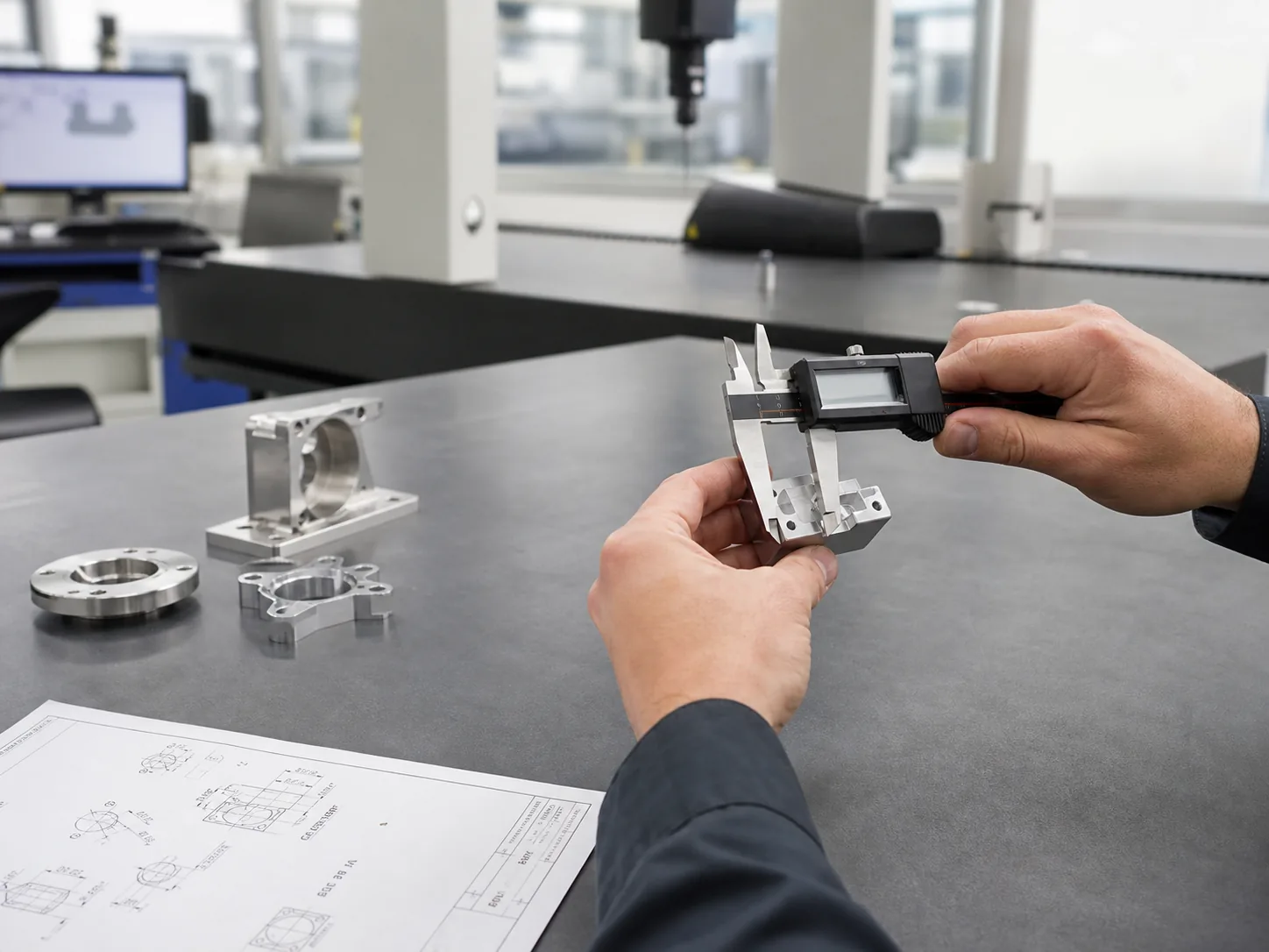 Quality inspection scene with precision measurement