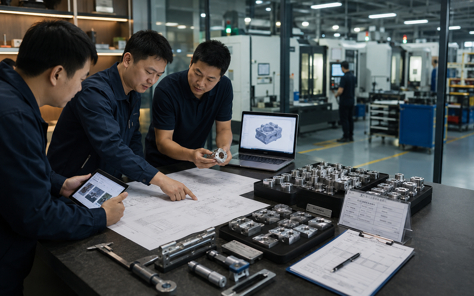 Chinese engineering team reviewing CNC machining project in Dongguan workshop