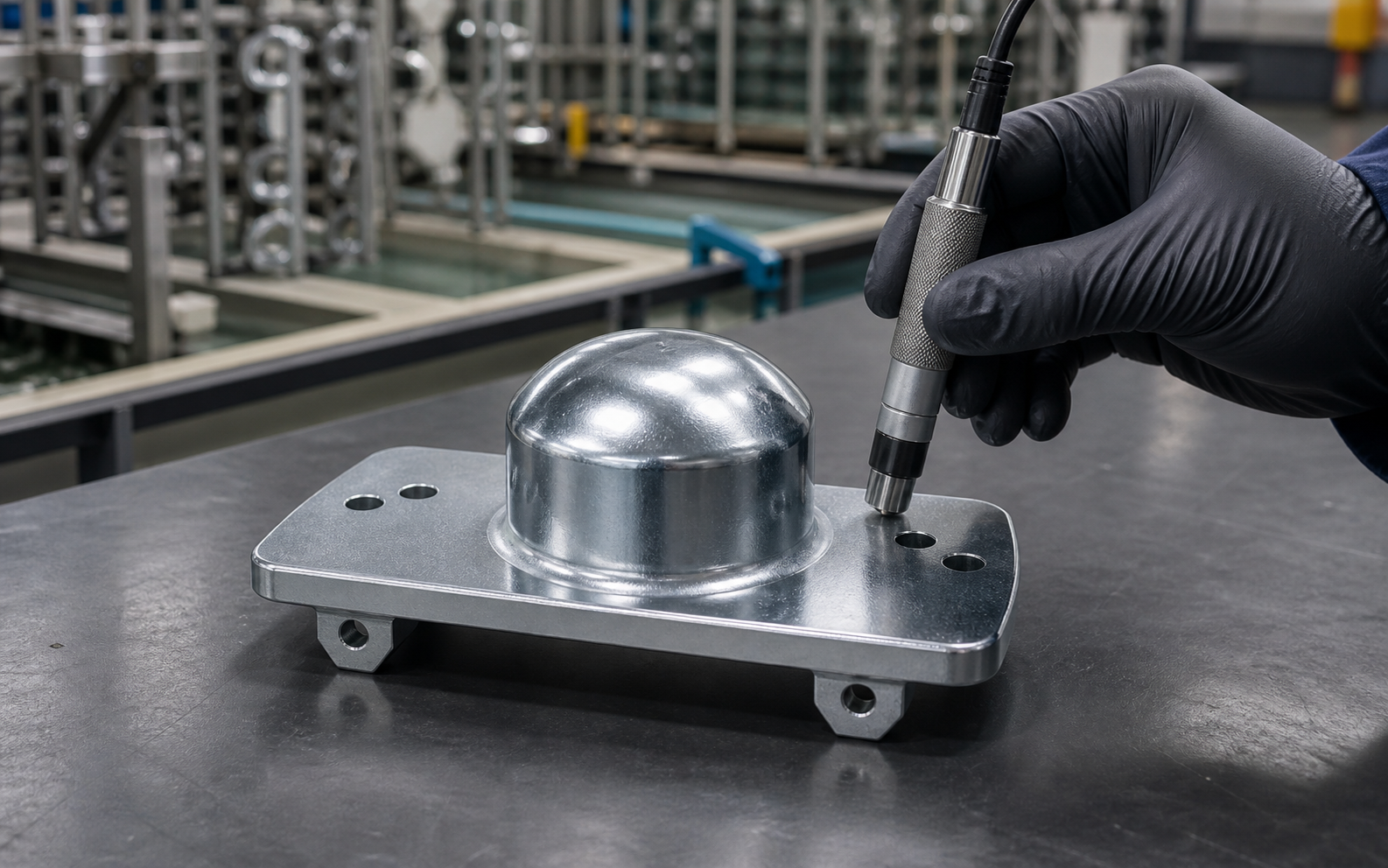 Technician inspecting the surface of a precision-machined metal component