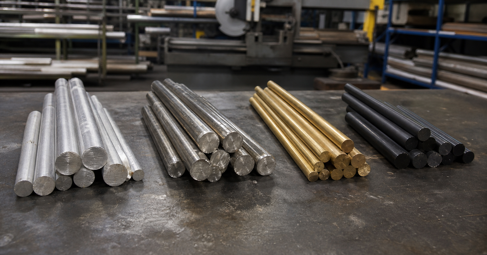 Assorted aluminum, stainless steel, brass, and copper engineering material stock