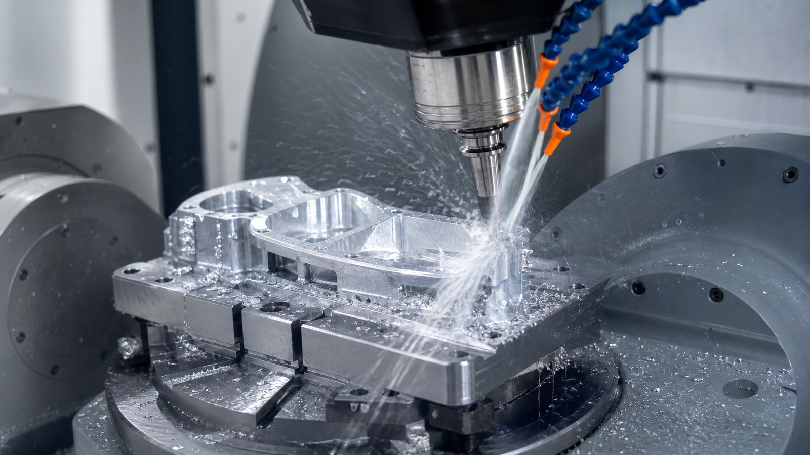 CNC milling machine cutting an aluminum component