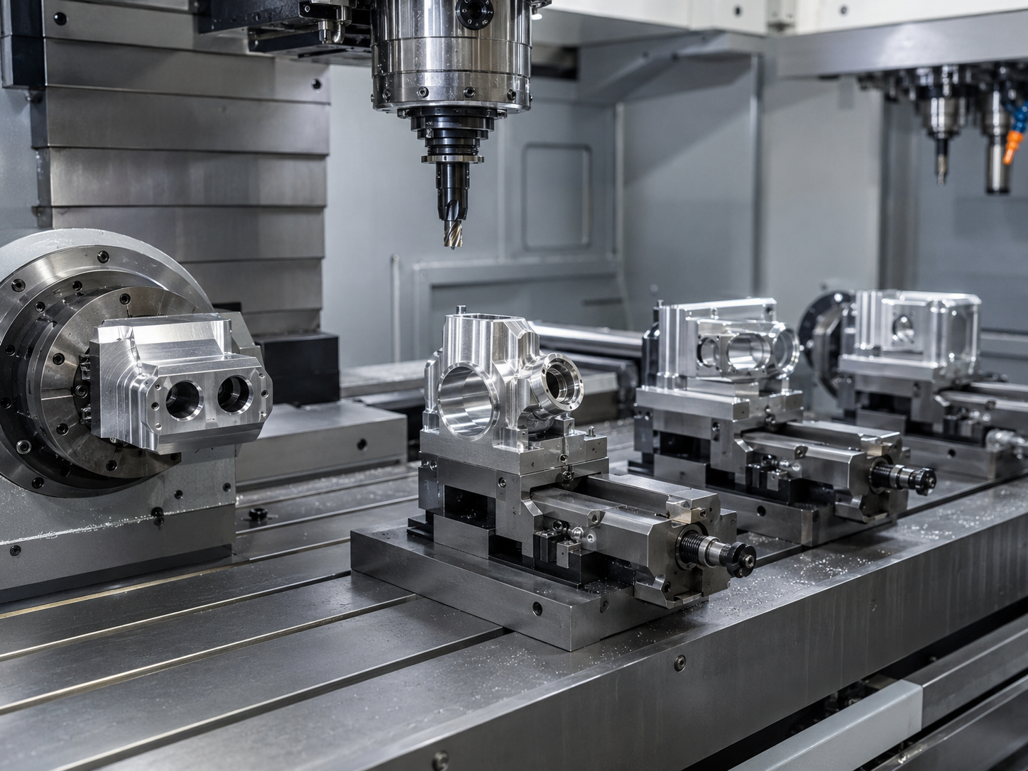 Precision aluminum components arranged inside a CNC milling machine