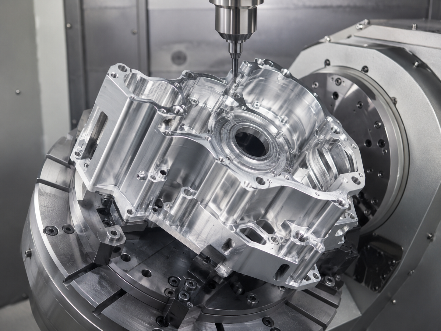 Complex aluminum housing undergoing 5-axis CNC milling
