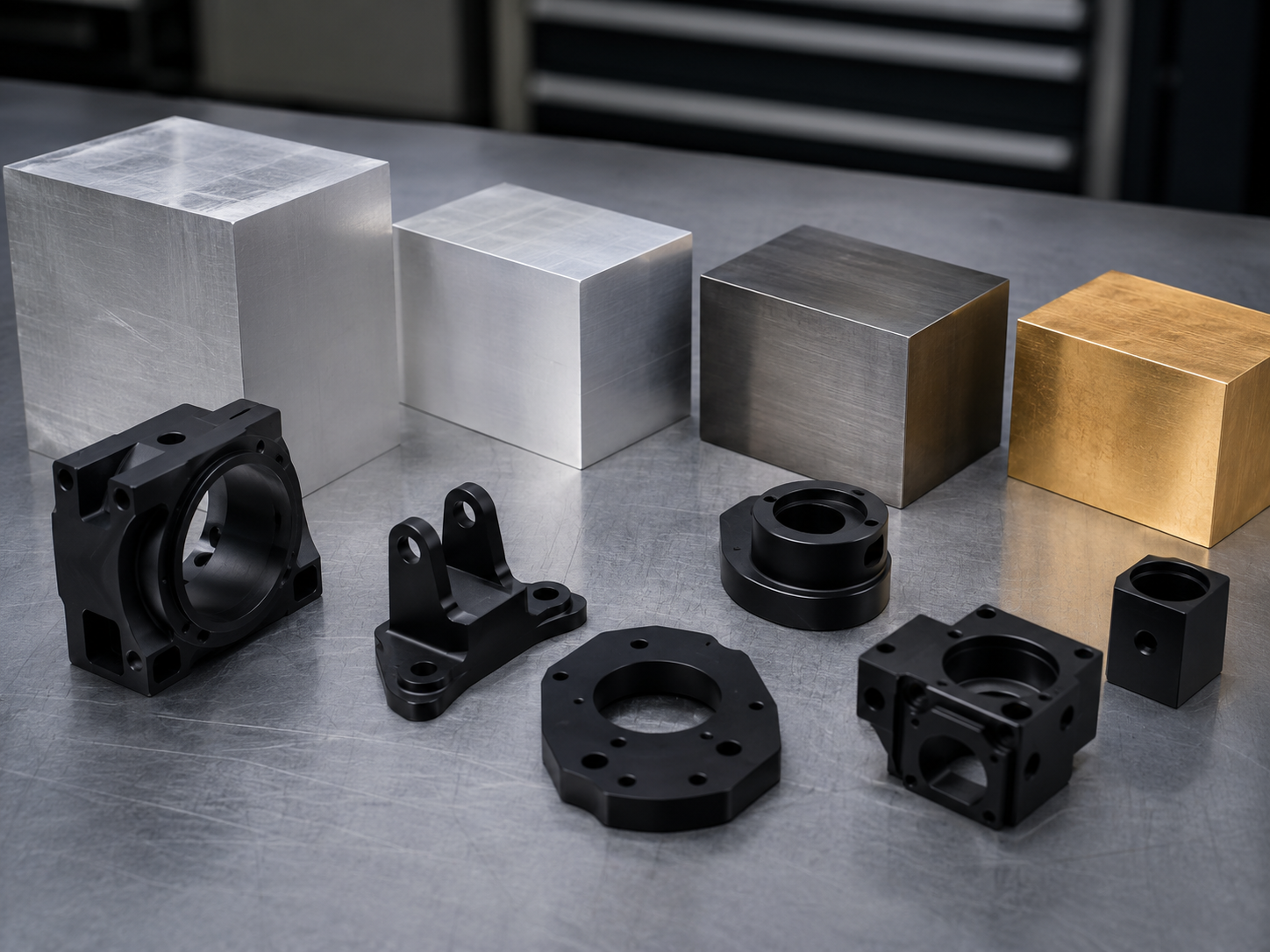 Aluminum steel brass stock and black finished CNC milled parts