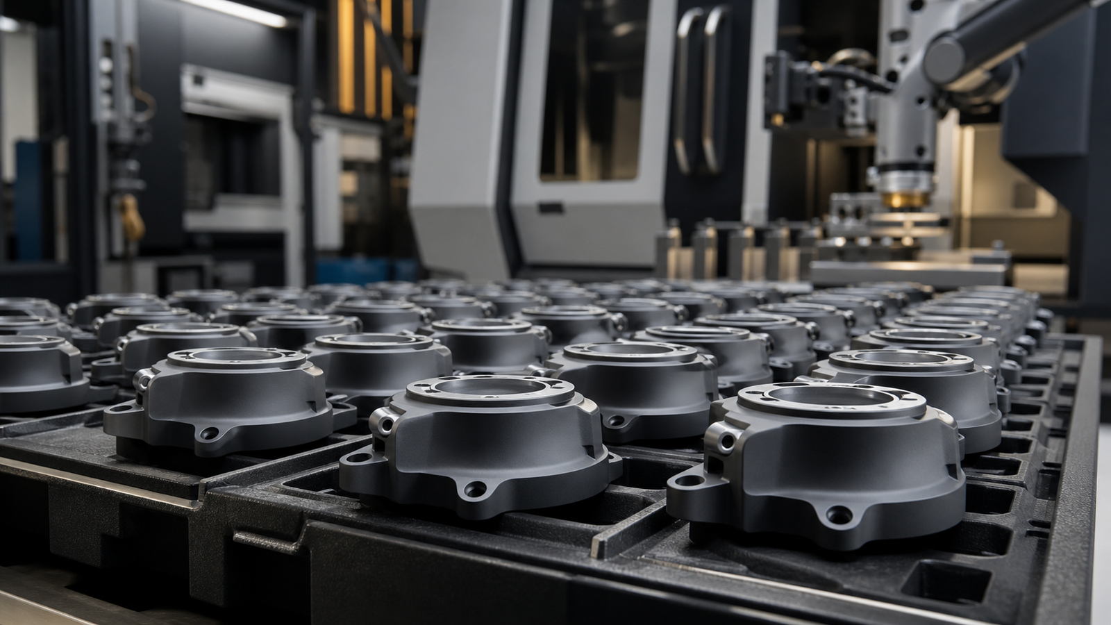 Repeat-production batch of finished CNC-machined housings ready for final handling