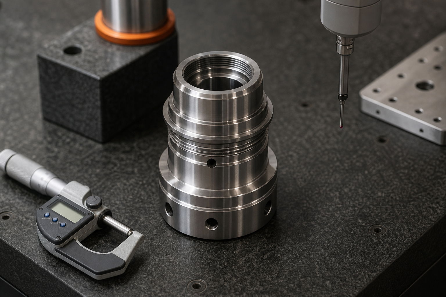 CNC turned prototype component under dimensional inspection