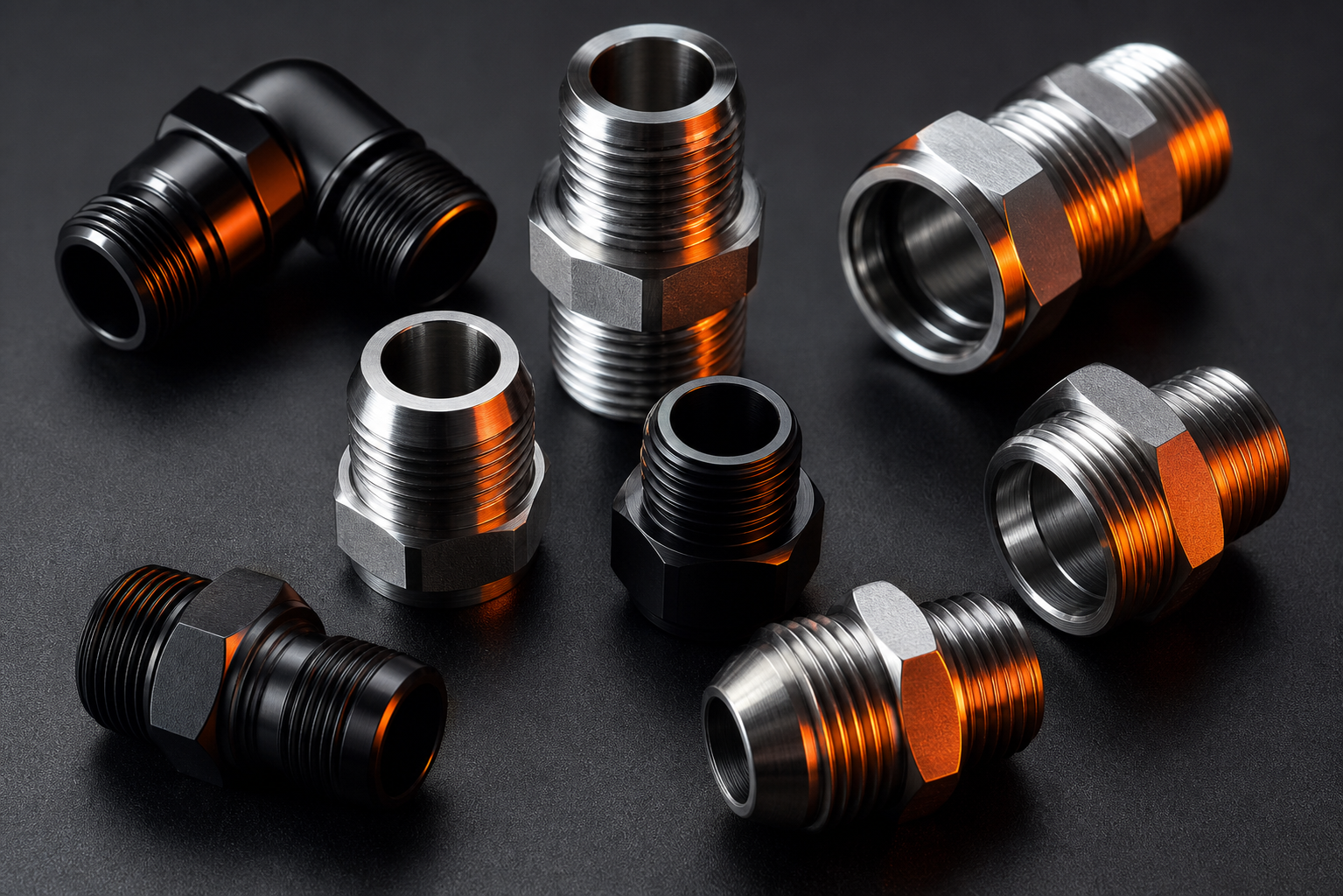 CNC turned threaded fittings with internal and external threads