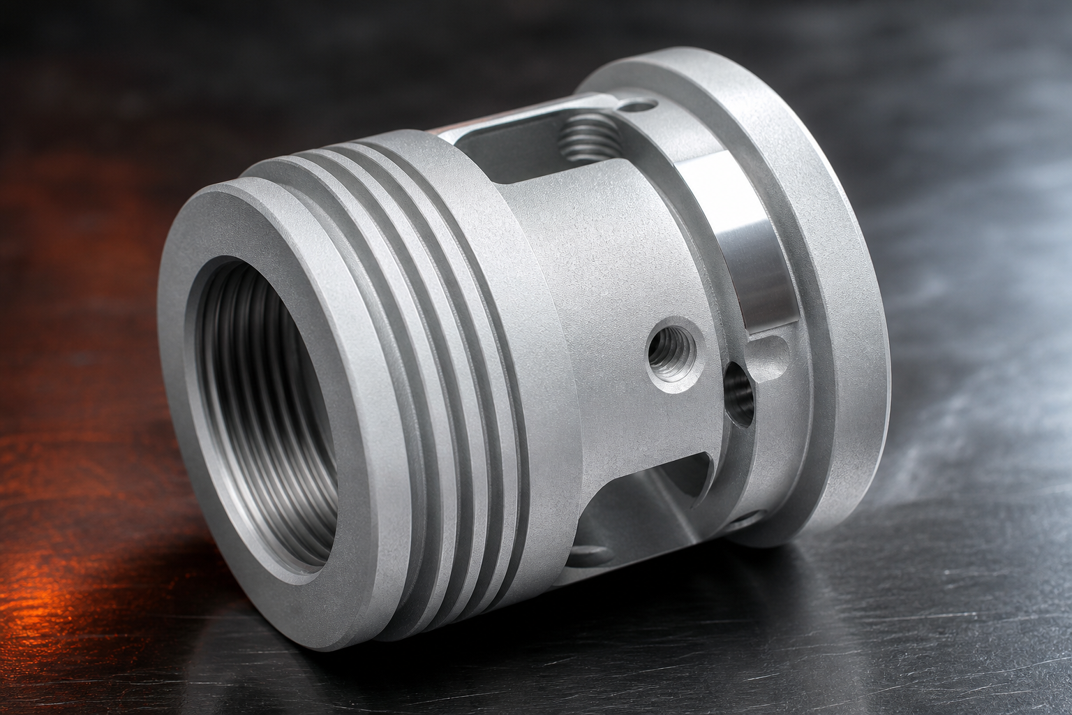 Bead-blasted CNC turned aluminum component with a matte finish