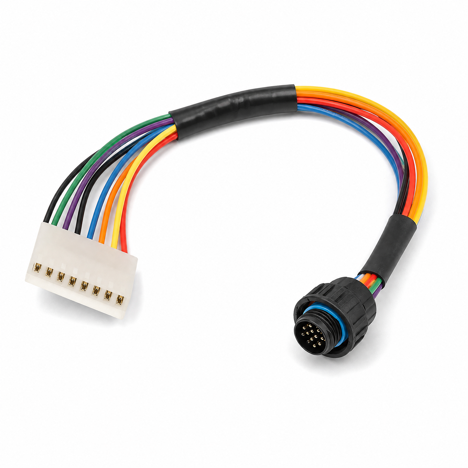 Colored wire harness with a white rectangular connector, black circular connector and protective sleeving