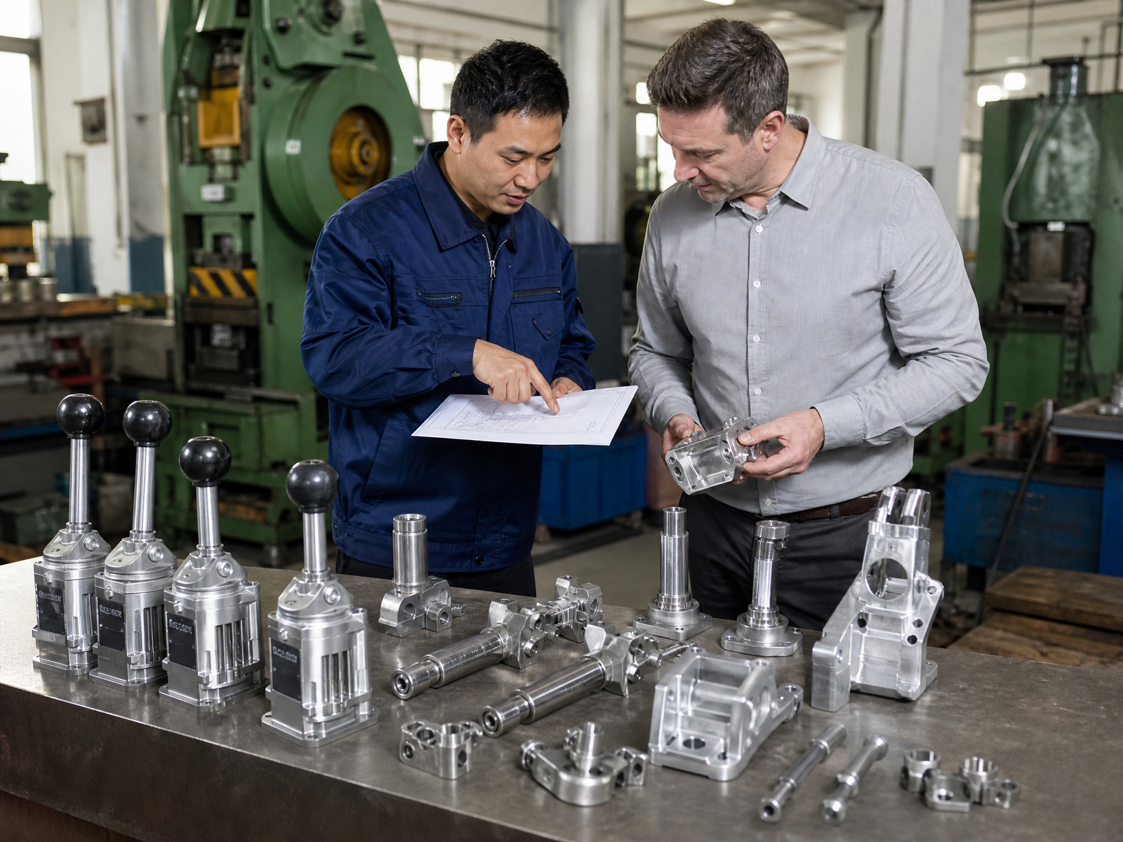 Chinese manufacturing engineer discussing CNC project requirements with an overseas customer