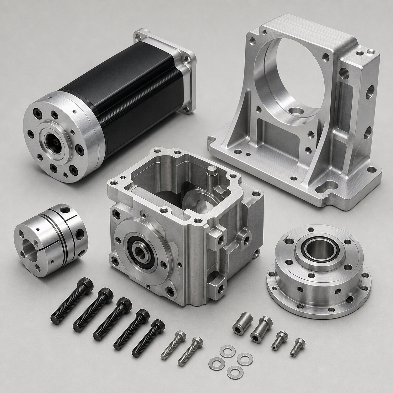 Robotic motor mounts and CNC-machined gearbox housings