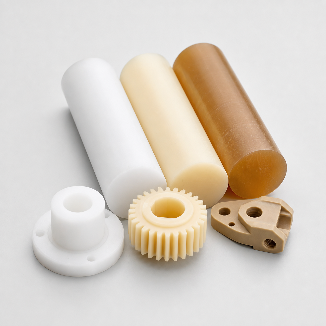 Engineering plastic stock and machined samples