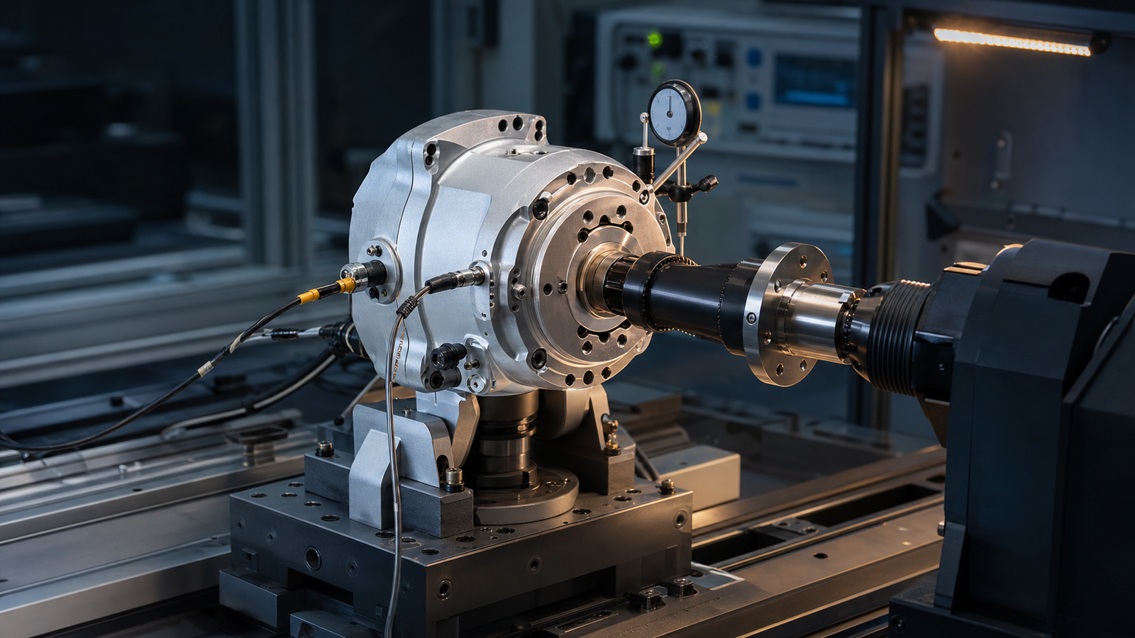 Machined rotary housing undergoing dimensional and functional validation on a test fixture