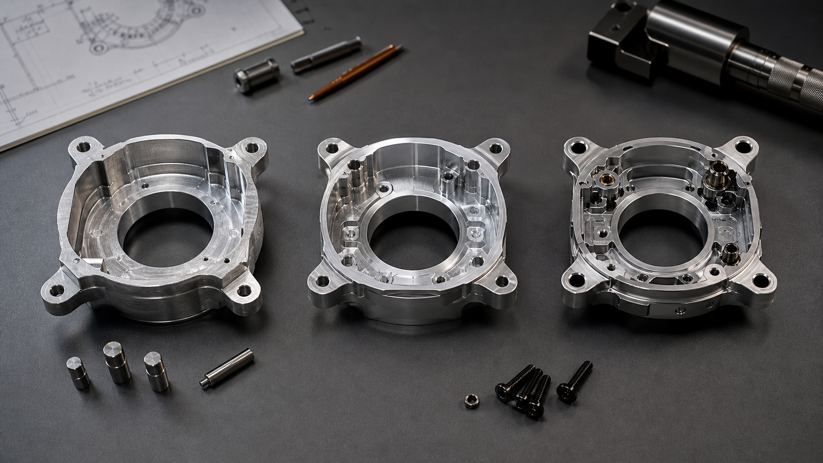 Progressive CNC-machined aluminum housing prototypes arranged beside an engineering drawing