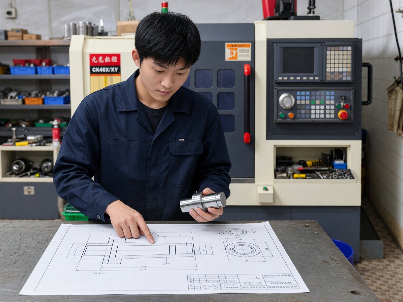 Reviewing a turned component against the approved drawing at the workshop bench