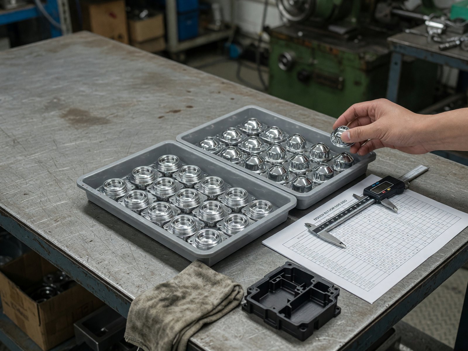 Finished turned parts in trays with a digital caliper and dimensional inspection record