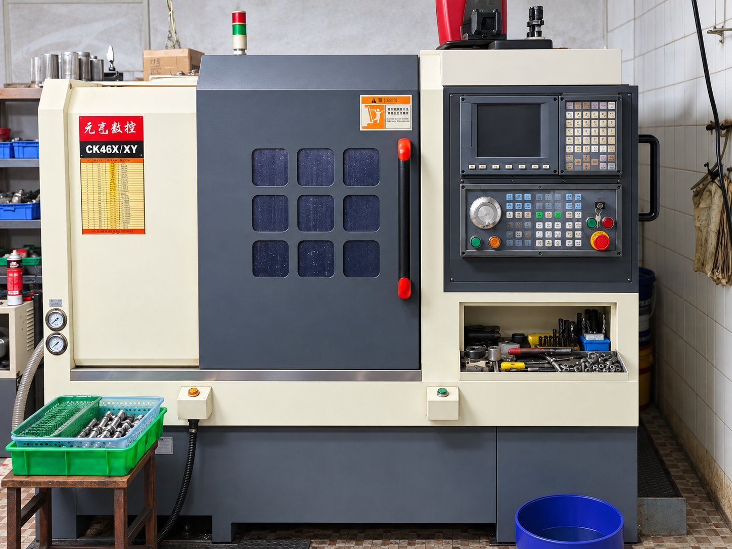 CNC turning machine set up for production, with finished parts in a basket